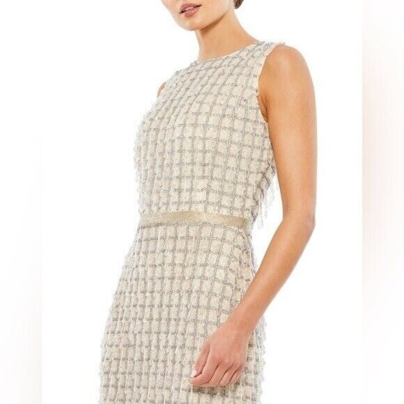 NWT‎ MAC DUGGAL EMBELLISHED HIGH NECK FRINGED MIDI SHEATH DRESS NUDE 5471 - Picture 3 of 8